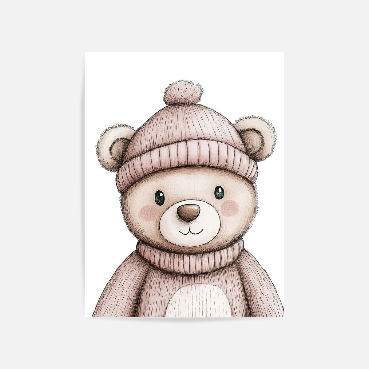 Adorable Pink Hat Bear Art Print Unframed