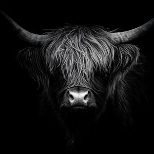 Monochrome Highland Cow Art Print Close-up