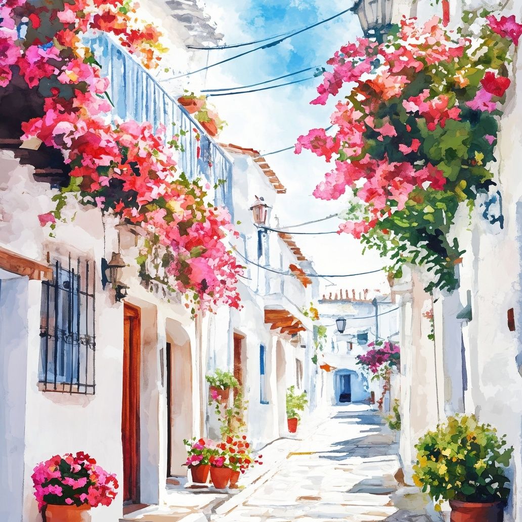 Spanish Village Street Scene Art Print Close-up